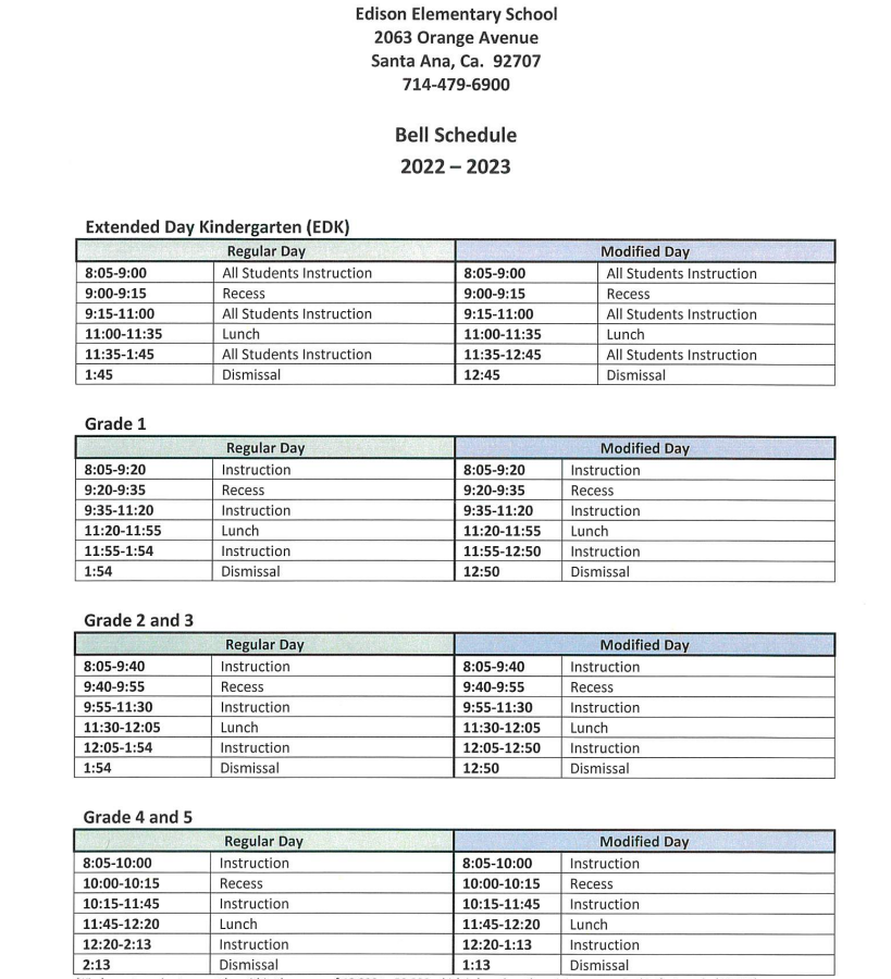 2022-2022 Bell Schedule